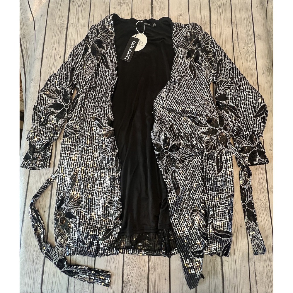 Ladies Size 16 US Black Bedazzled Cover Cardigan Boohoo Patterned Unique Tie New